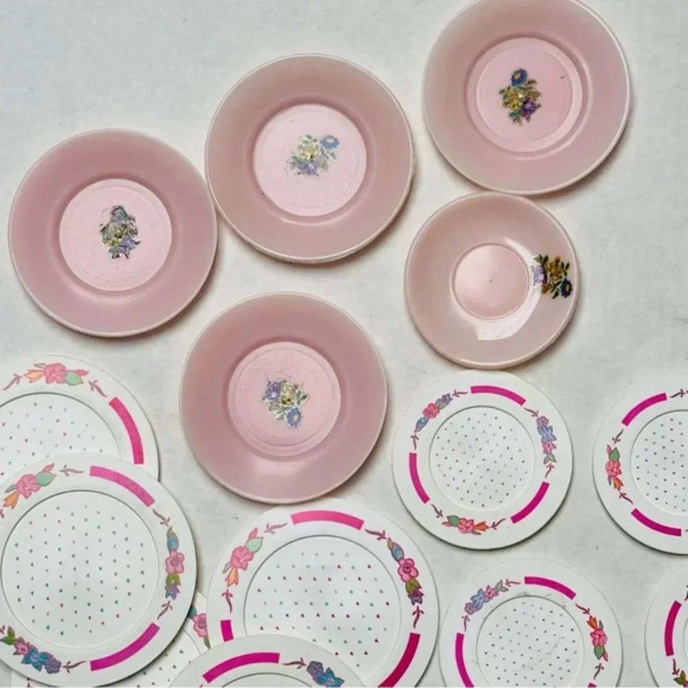 Chilton Globe Plates Pink Floral Playsets Vintage 17 Pieces Kitchen Dinner Play